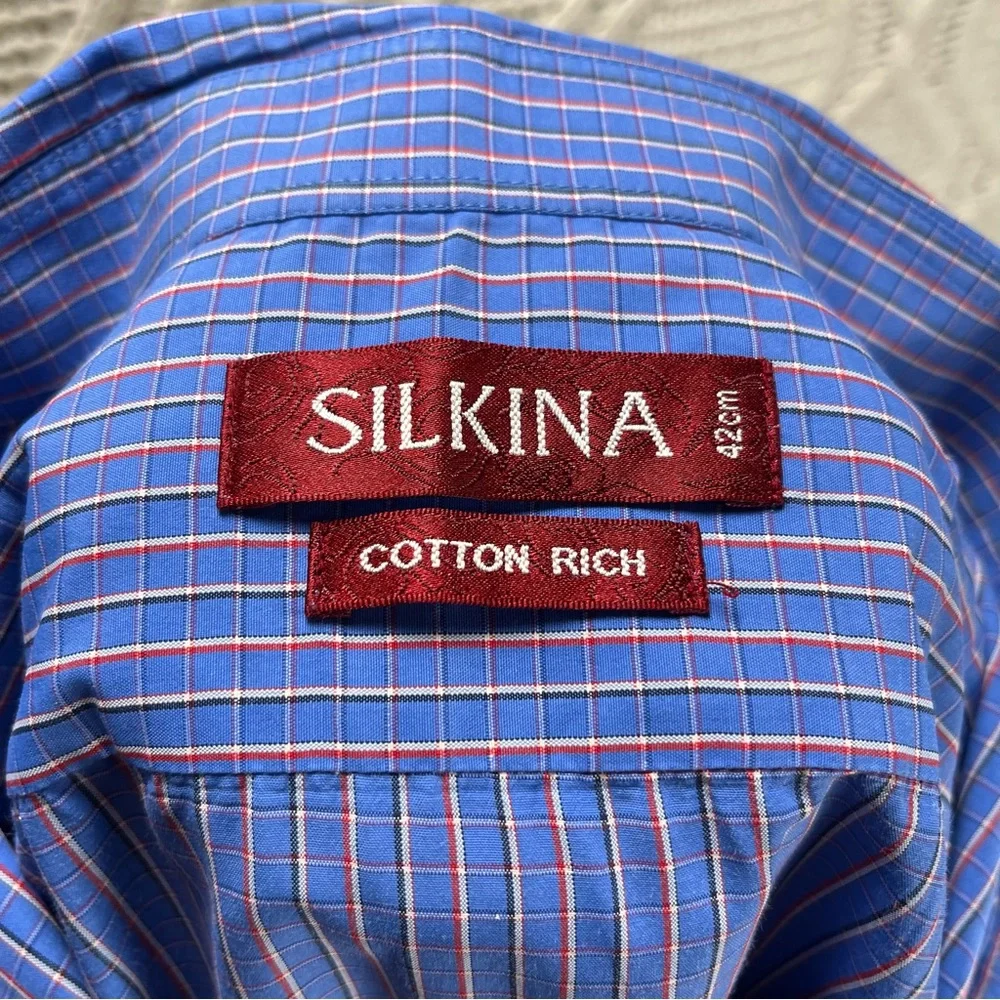 SILKINA‎ | Button Down Men's Dress Shirt Checkered Print Blue 42cm